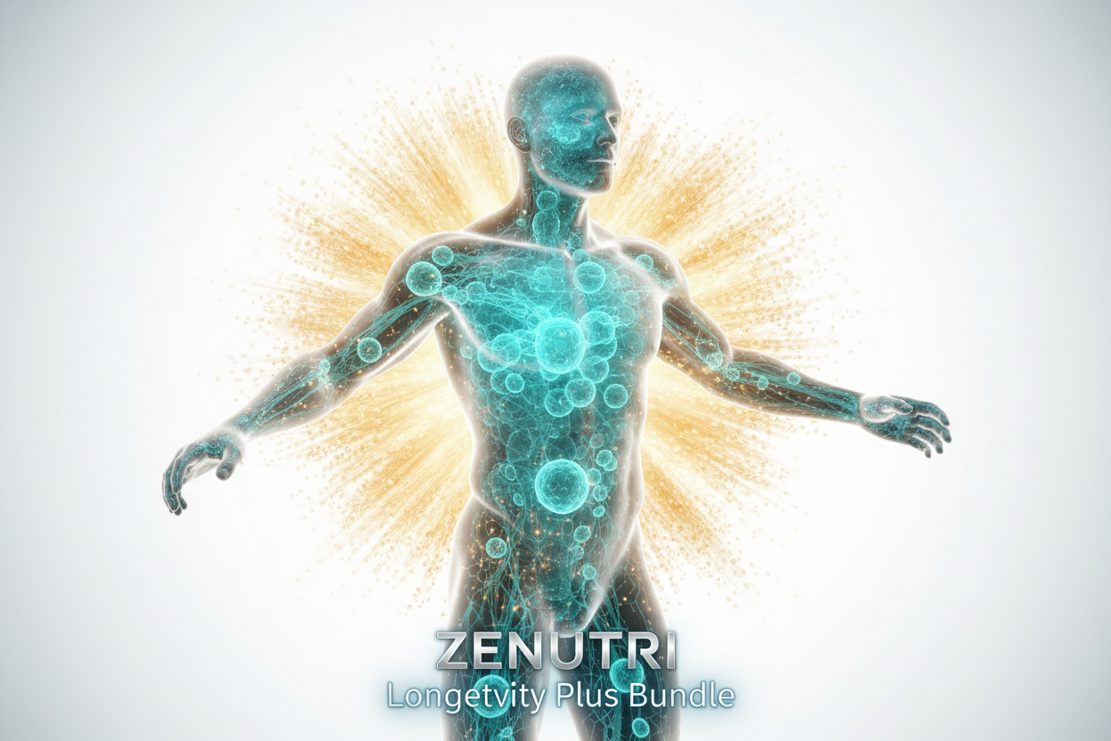Cellular energy pathway illustration showing mitochondria, NAD+, CoQ10, antioxidants, and bone health nutrients supporting longevit