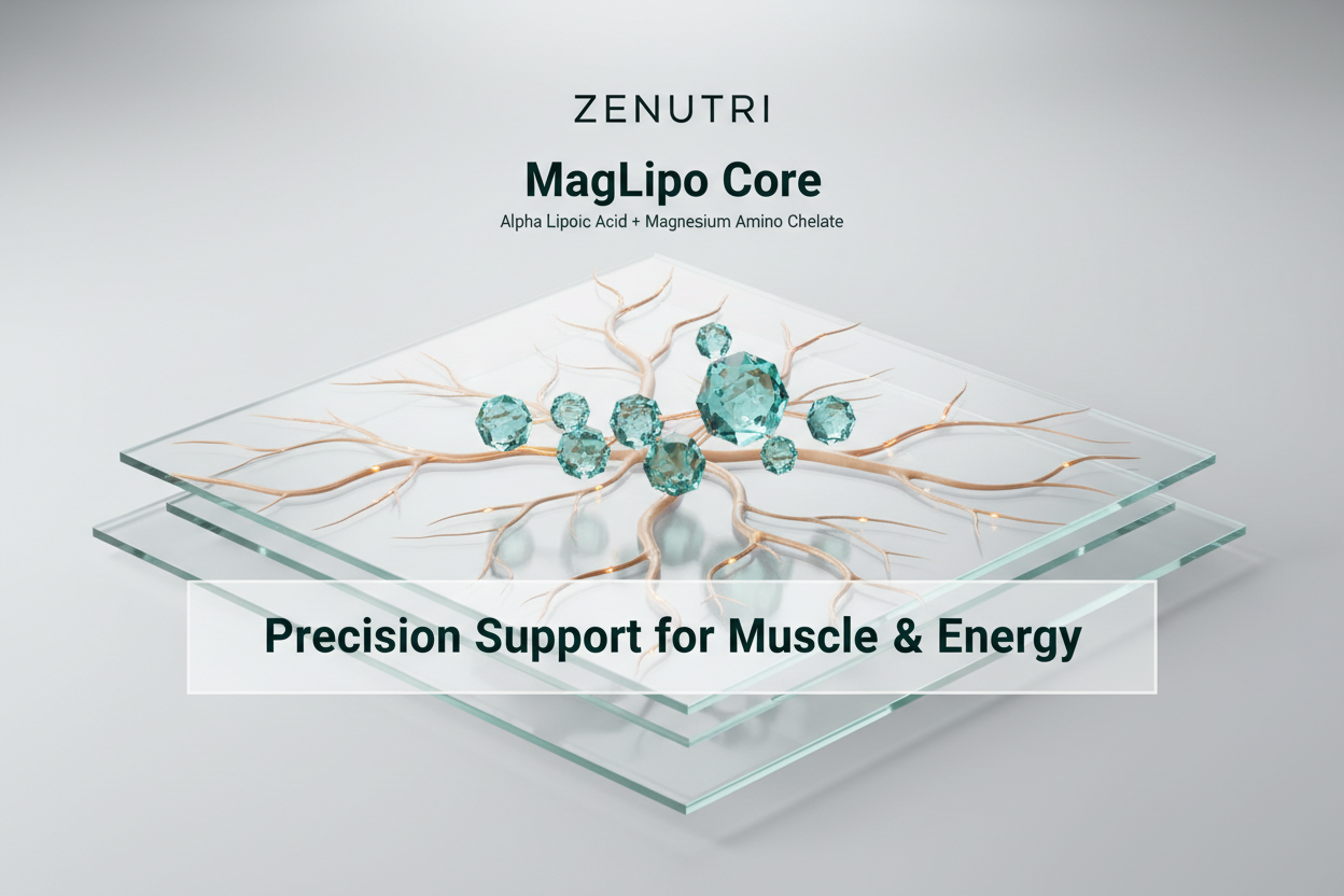 Product packaging with 'Zenutri' and 'MagLipo Core' text on a light gray background.