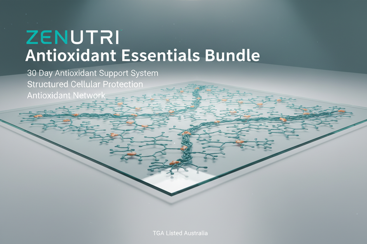 Advertisement for ZENUTRI Antioxidant Essentials Bundle with molecular structure illustration on a gray background.