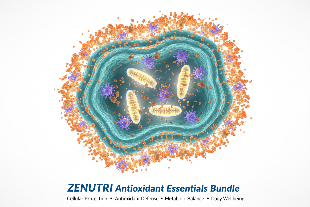 Illustration of cellular structure with antioxidants and text about ZENUTRI Antioxidant Essentials Bundle.