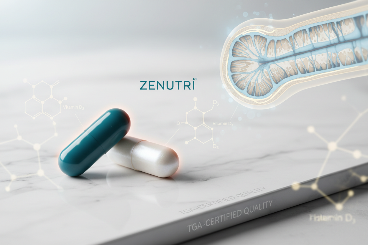 The Zenutri Bone Health Bundle delivers a clinically designed protocol that targets key pathways for bone density, strength, and mineral absorption in just two daily capsules. This streamlined TGA-certified system provides the complete bone-building pathway: calcium citrate for superior absorption and bone mineralization, vitamin D3 (500 IU) to enhance calcium uptake and regulate bone remodelling
