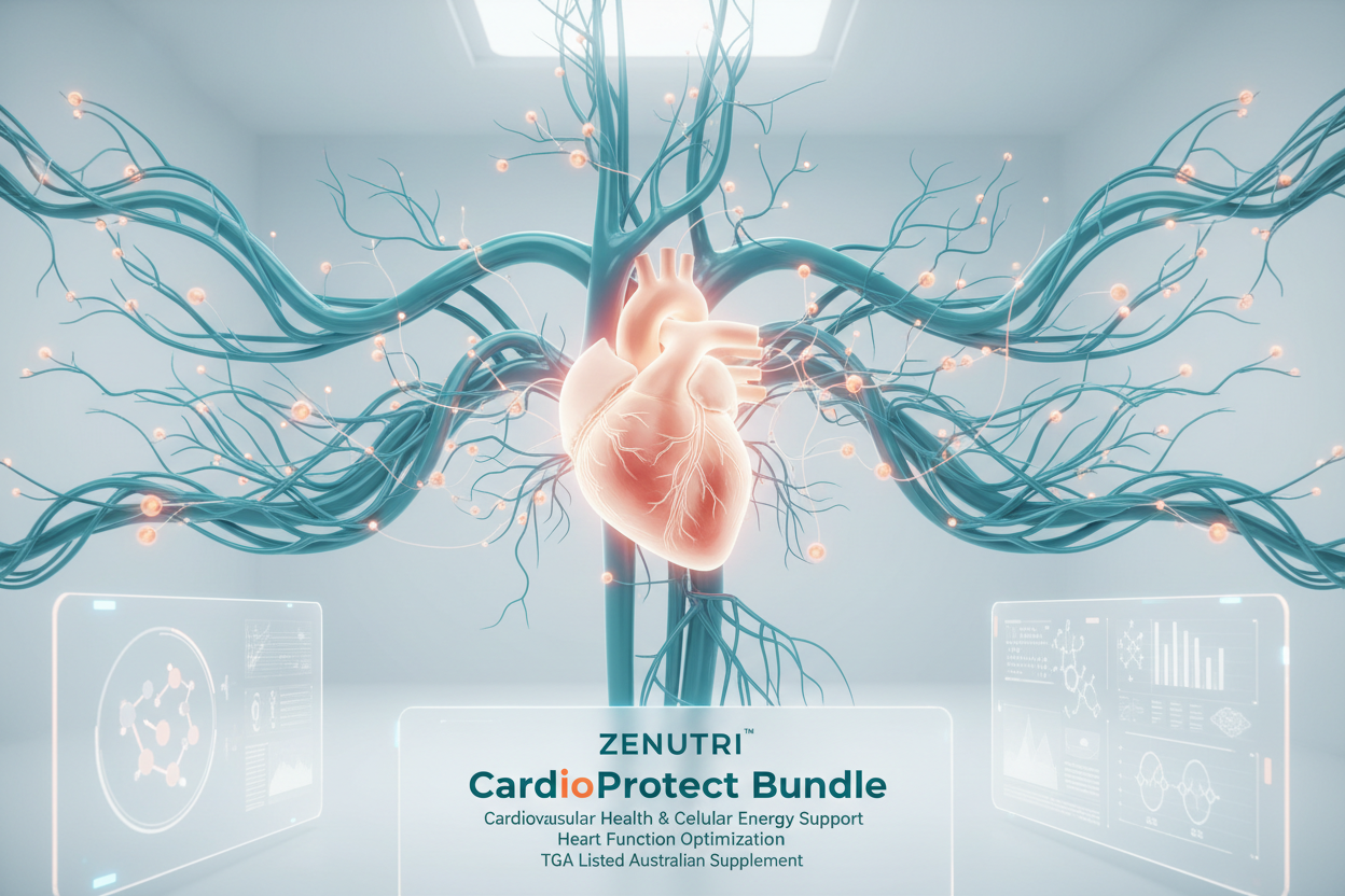 Heart with branching血管 and Zentri CardioProtect Bundle label in a futuristic interface.