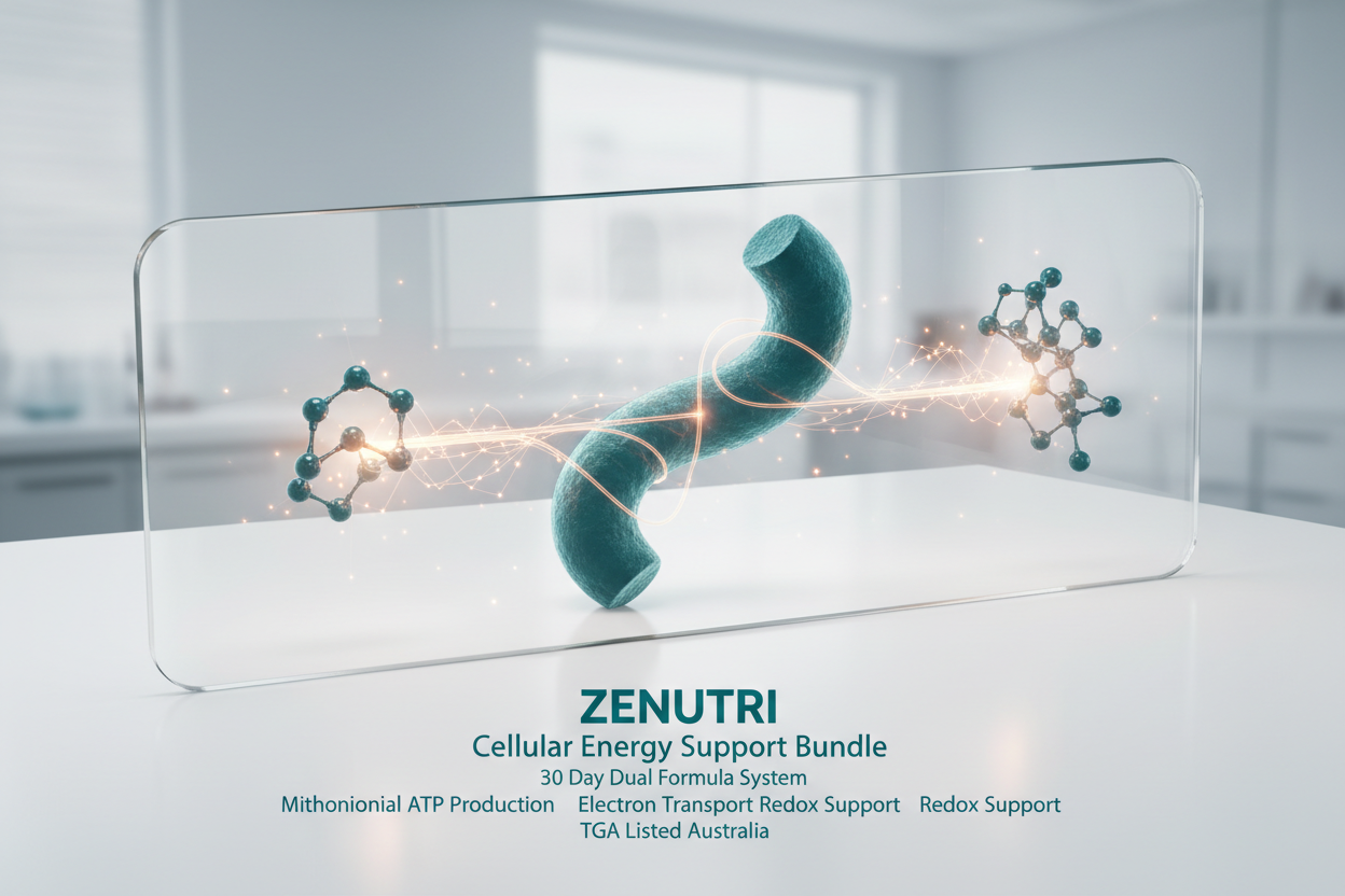 Advertisement for ZENUTRI cellular energy support bundle with molecular structures on a blurred background