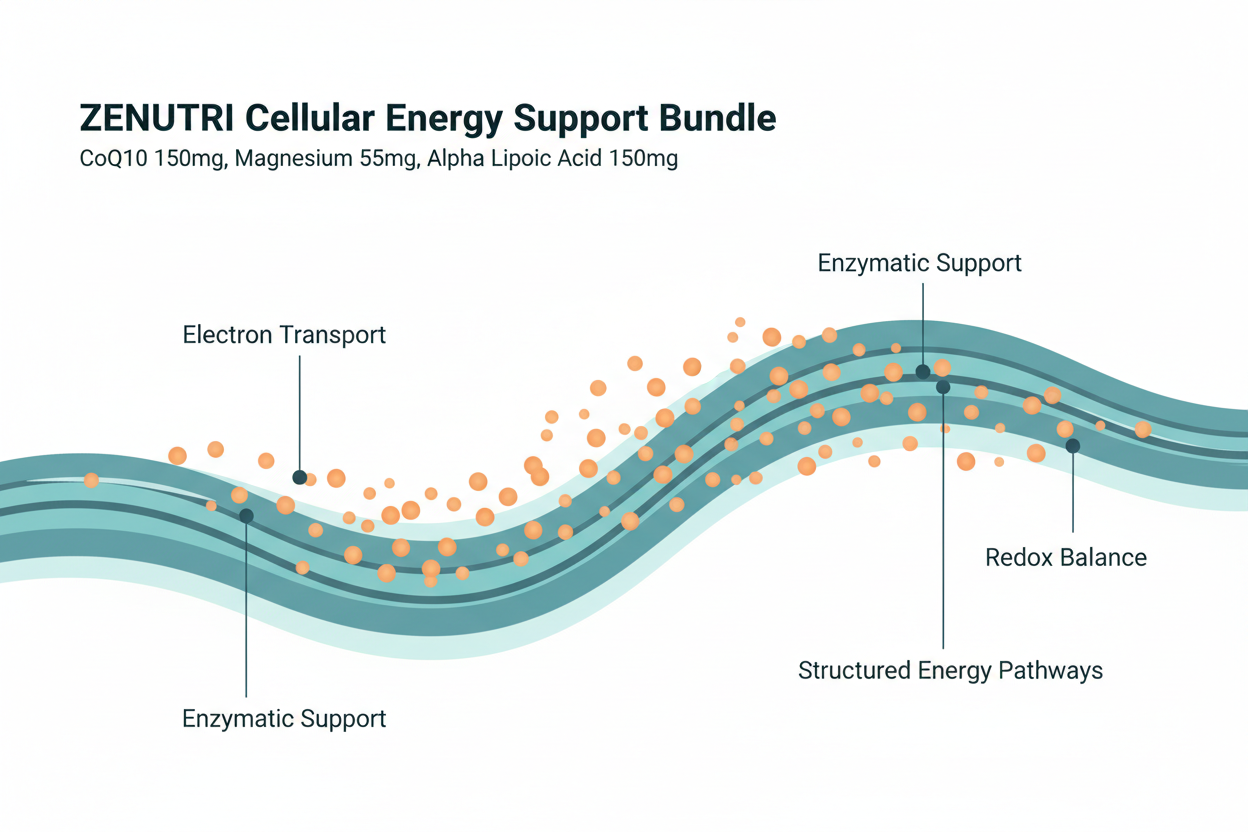 Diagram of ZENUTRI Cellular Energy Support Bundle with labeled components on a white background.