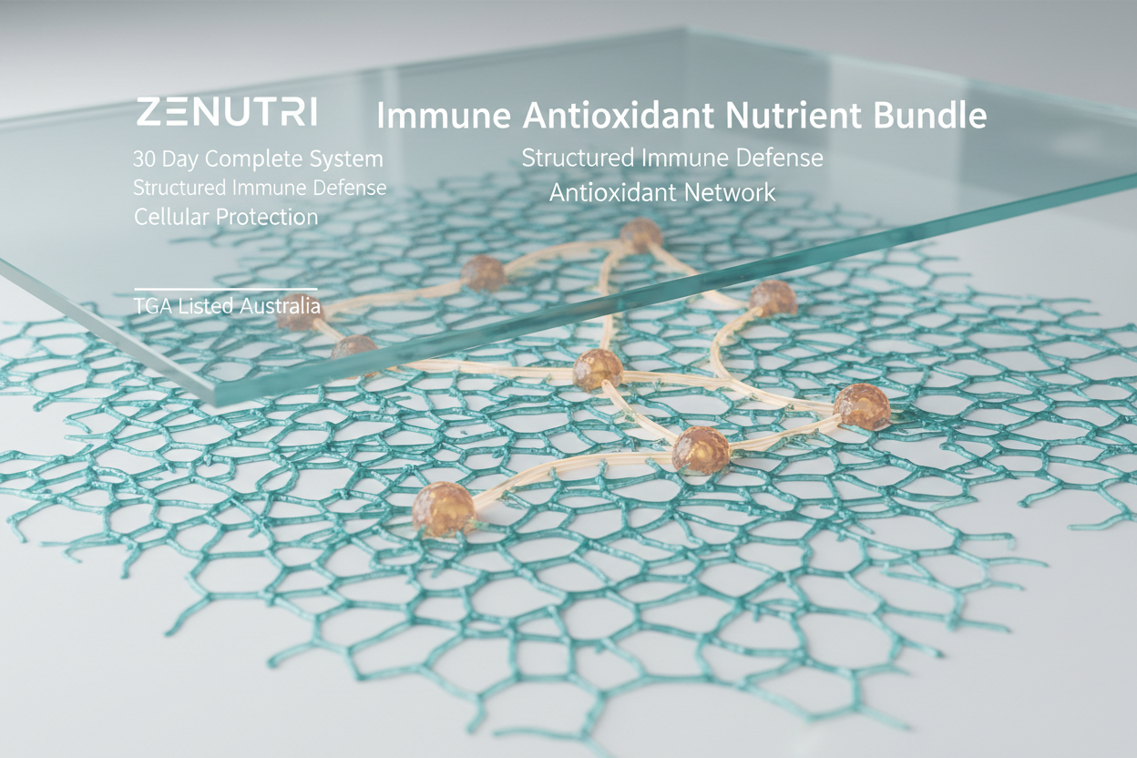 ZENUTRI immune antioxidant nutrient bundle with a network-like structure on a clear background