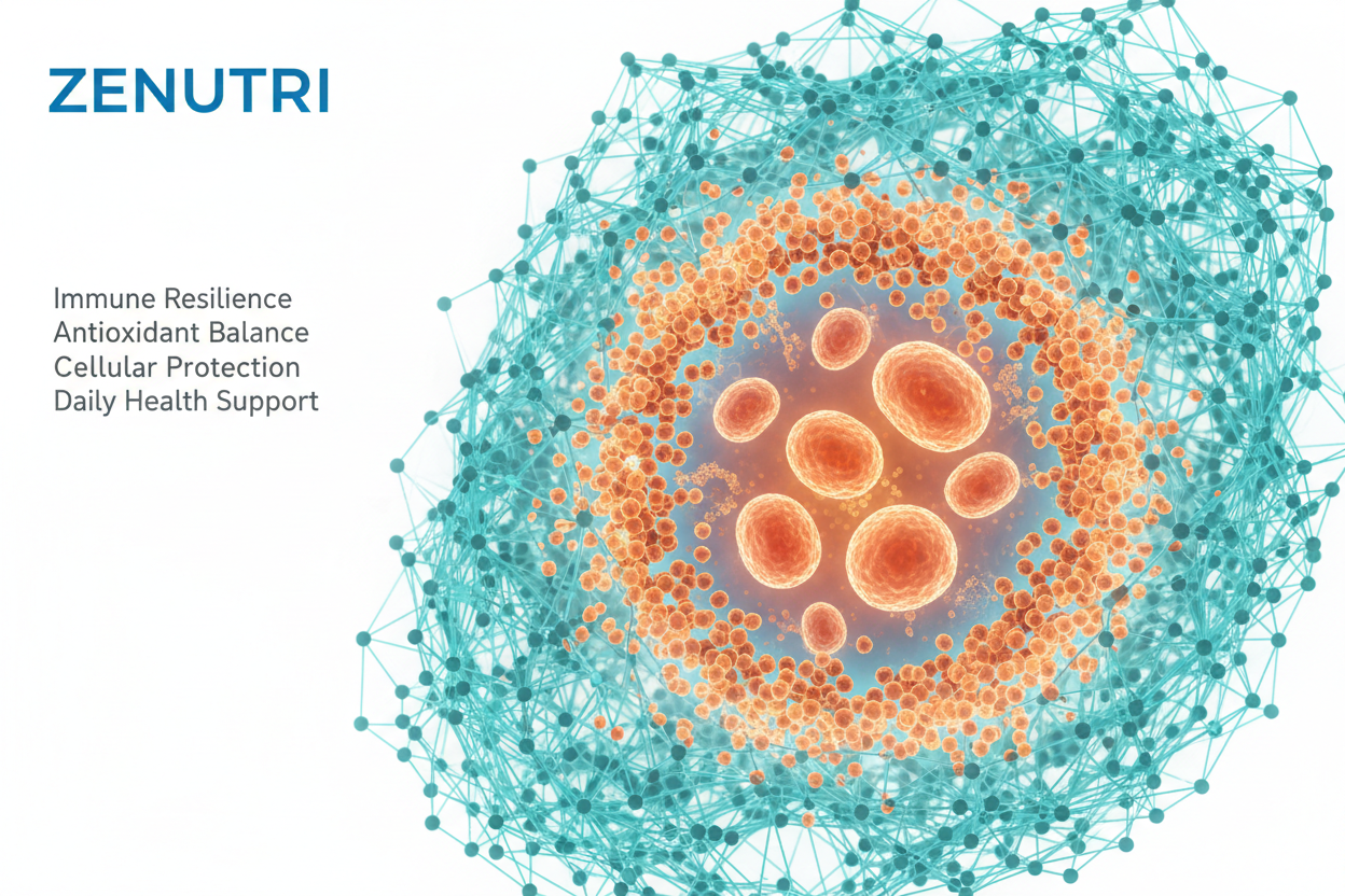 Zenutri advertisement with a microscopic view of cells and text about immune resilience and daily health support.