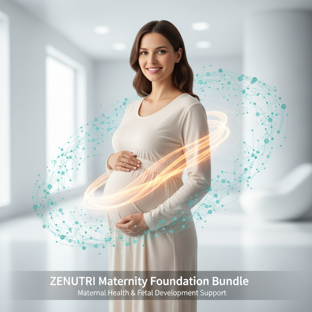 Pregnant woman in a white dress with a futuristic design overlay, promoting ZENUTRI Maternity Foundation Bundle.