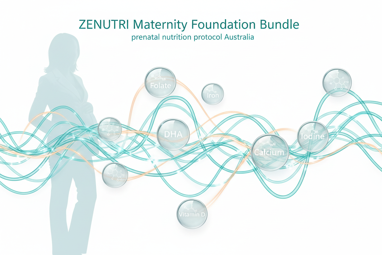 ZENUTRI Maternity Foundation Bundle advertisement with a silhouette of a woman and nutrient symbols on a white background.