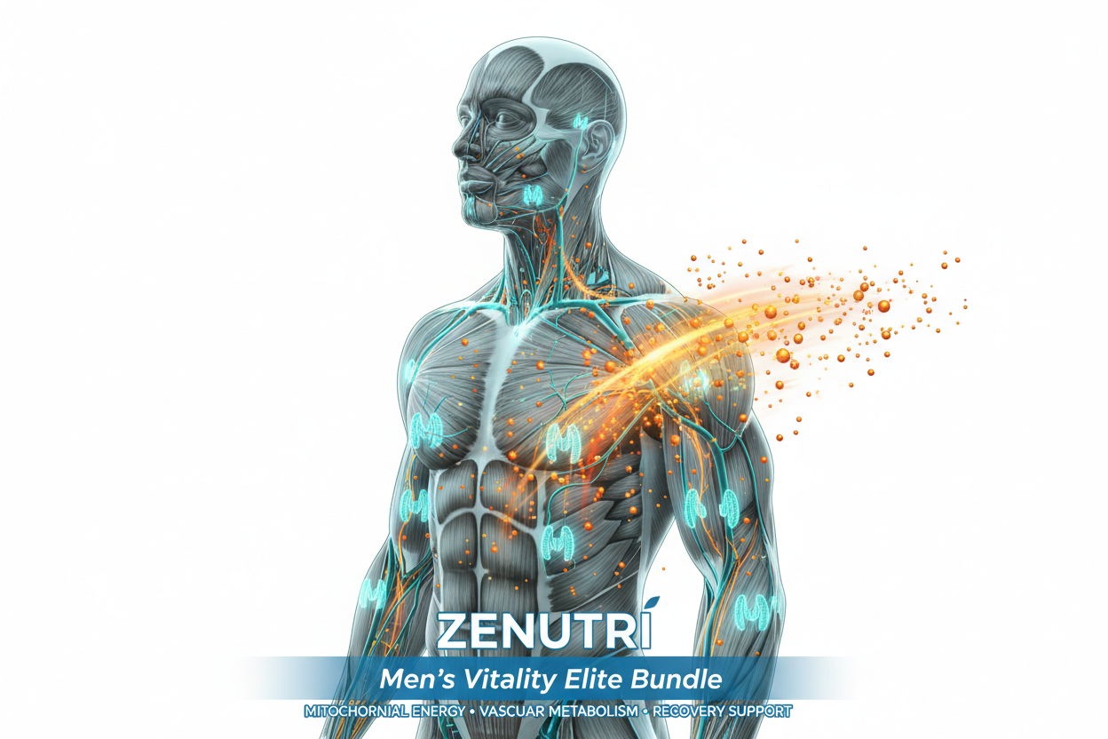Zenutri Men's Vitality Elite Bundle advertisement with a digital human body model on a white background