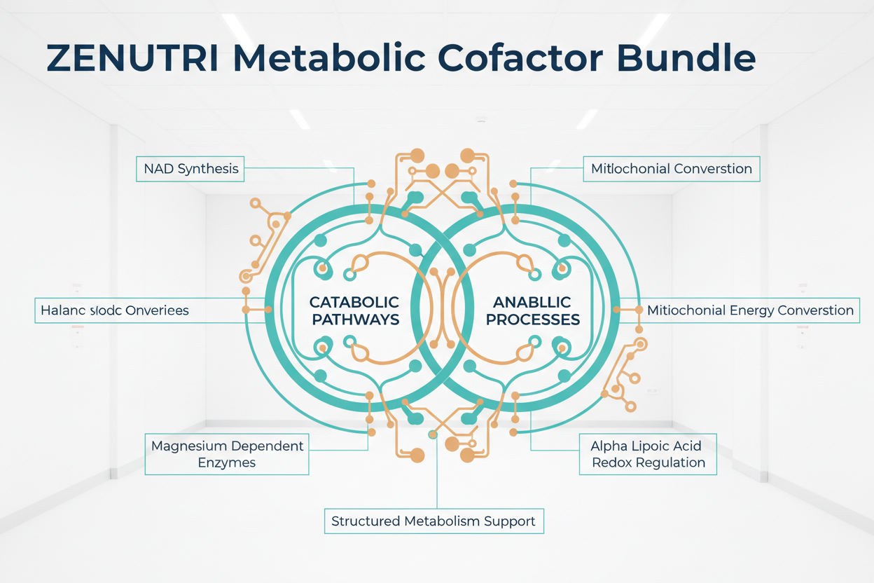 Diagram of ZENUTRI Metabolic Cofactor Bundle with pathways and processes on a white background