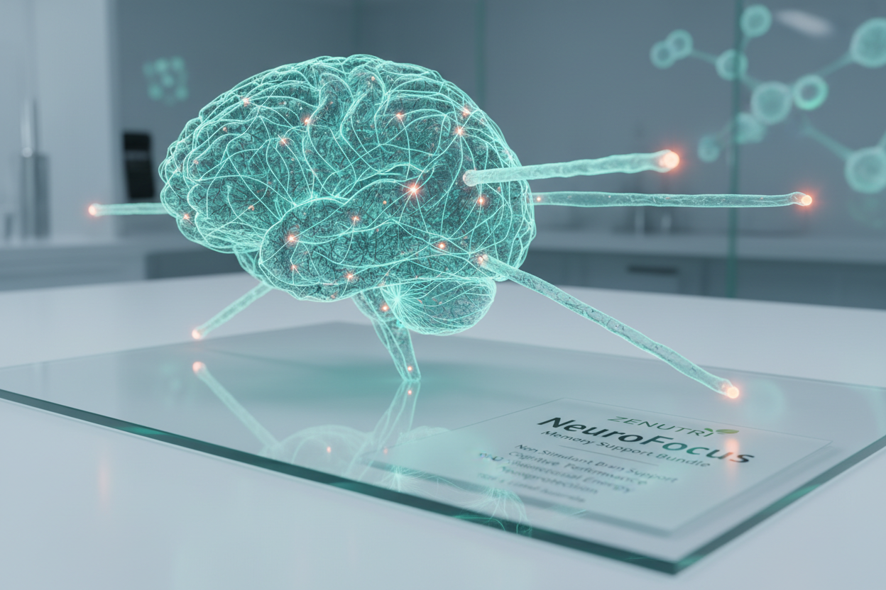 Neurological model with 'NeuroFocus' branding on a glass surface
