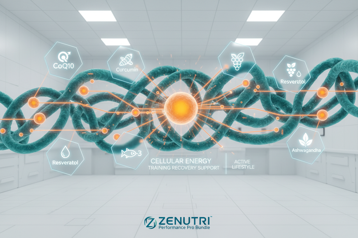 Zenutri graphic with green DNA strands and technology icons in a futuristic setting