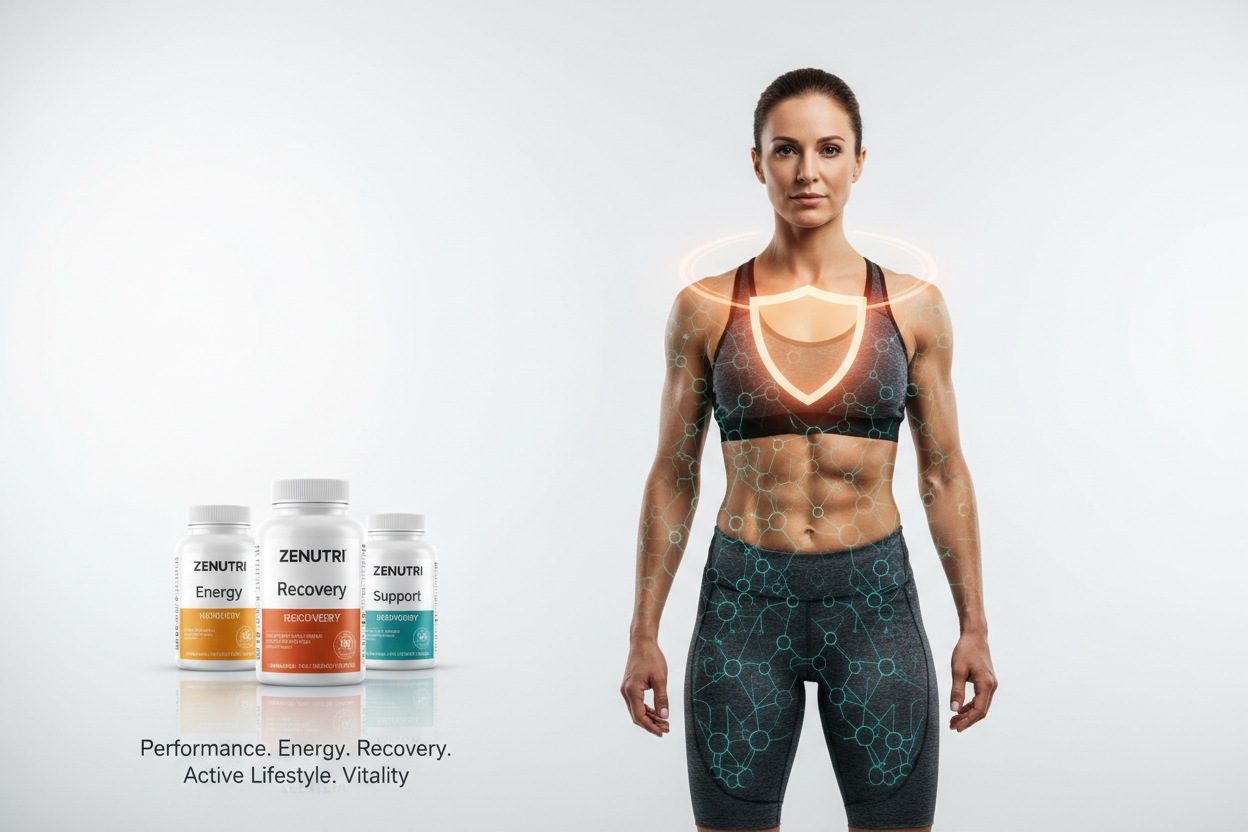 Woman in athletic wear with Zenthu supplement bottles on a white background