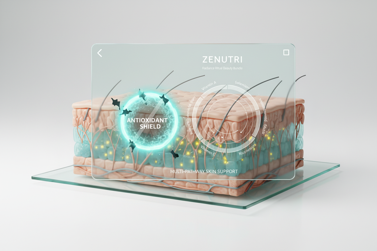 Product packaging with 'Zenutri' branding and antioxidant shield feature on a glass surface.