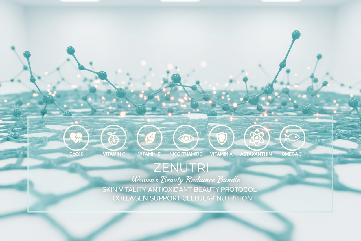 Zenutri skincare product with molecular structure design on a light blue background