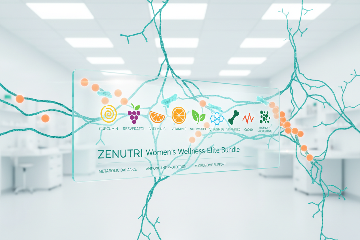 ZENUTRI Women's Wellness Elite Bundle advertisement with a futuristic interior design.