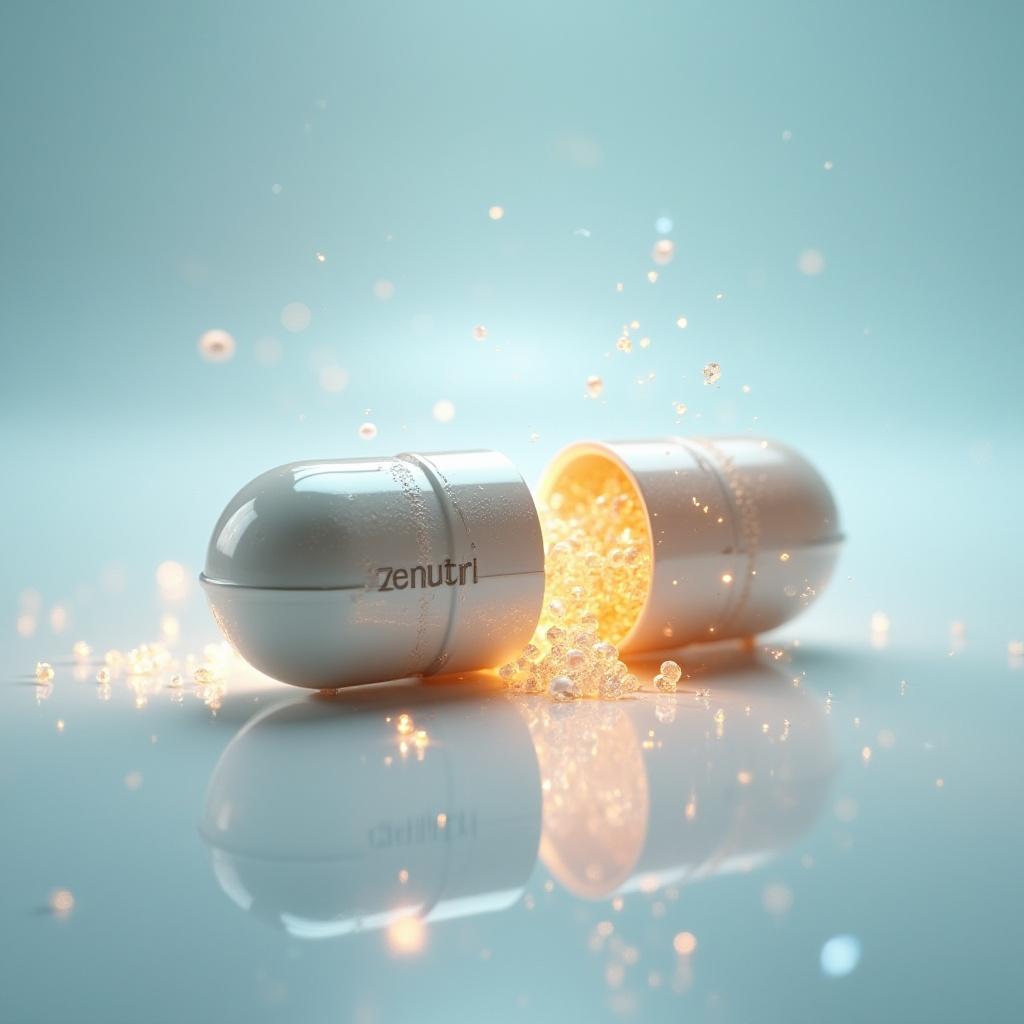 Zenutri capsule with glowing interior on a reflective surface
