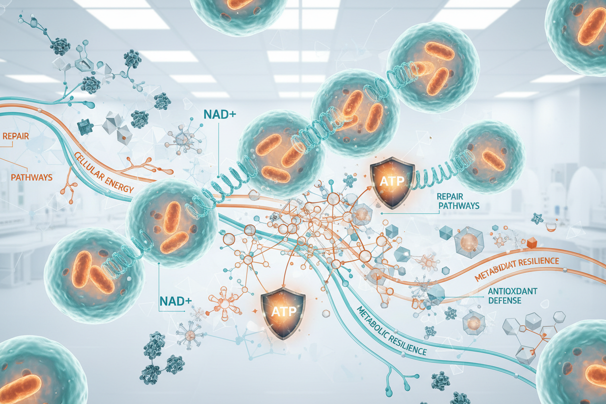 The Zenutri Cellular Support System delivers a high-performance 4-product TGA-certified protocol designed to support mitochondrial vitality, comprehensive antioxidant protection, and metabolic resilience across multiple cellular pathways critical for energy production, cellular repair, and healthy aging. This pharmaceutical-grade daily system integrates four synergistic mechanisms: NAD+ cellular energy and repair through nicotinamide riboside (NR), clinically proven