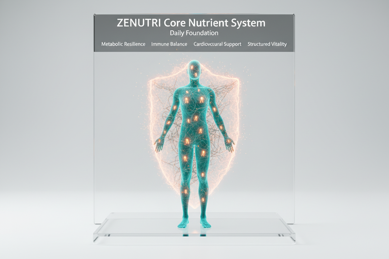 ZENUTRI Core Nutrient System advertisement with a digital illustration of a human body and shield on a white background.
