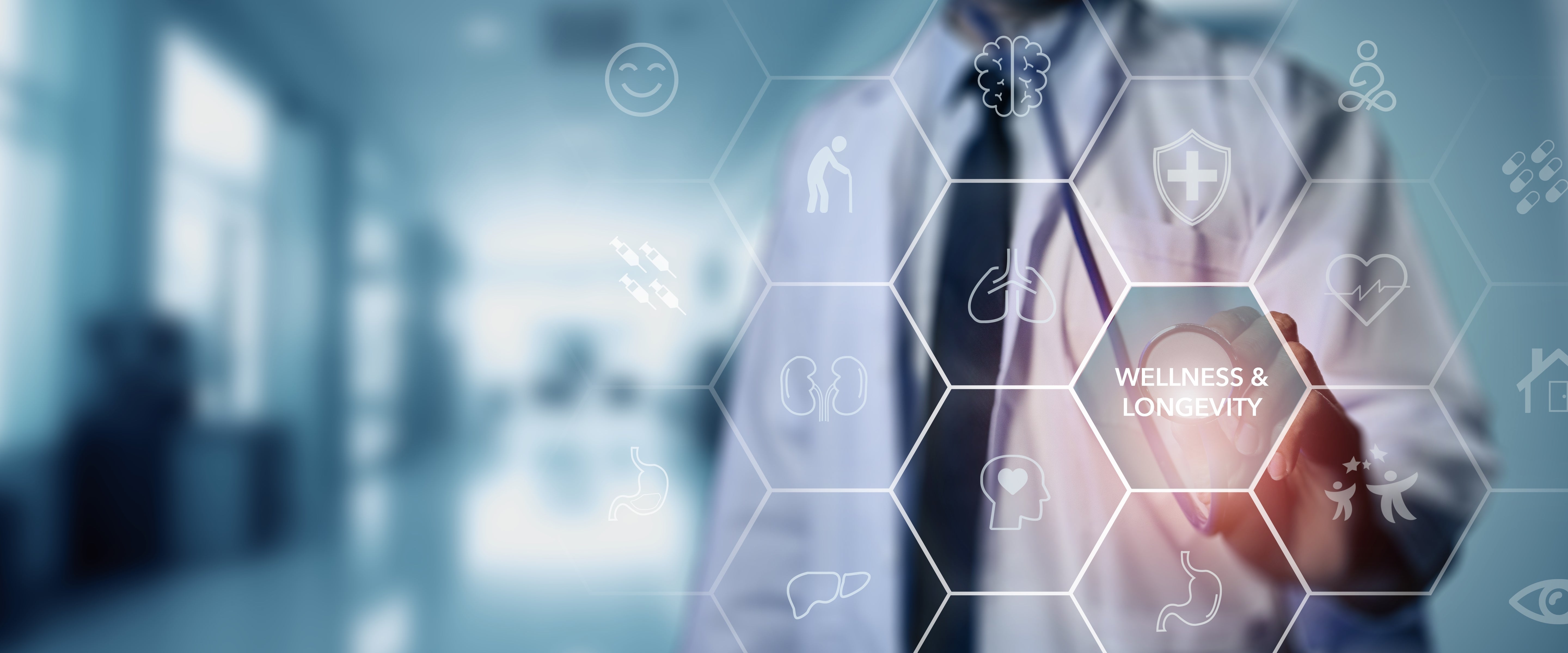 Doctor with stethoscope in a hospital setting, surrounded by Zenutri's wellness and longevity icons.