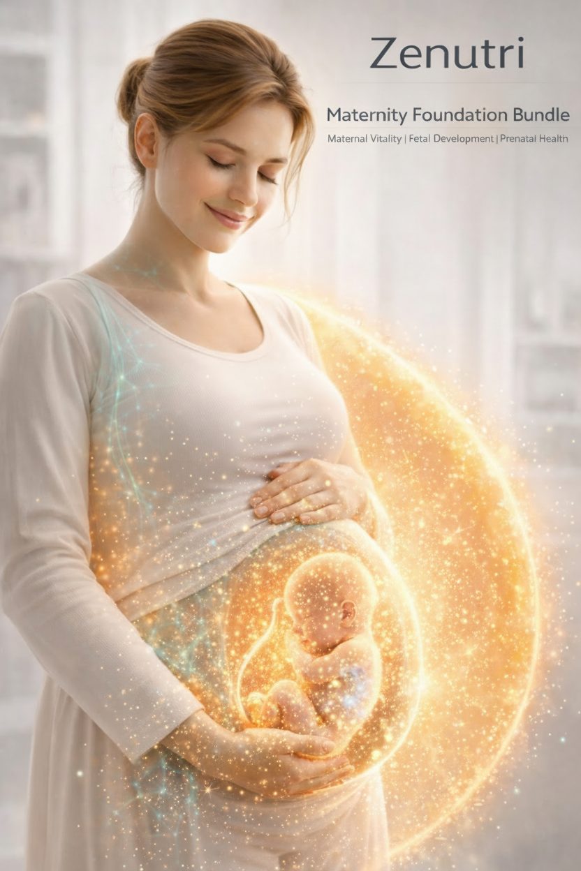 Pregnant woman holding a glowing fetus illustration with 'Zanutri' branding.