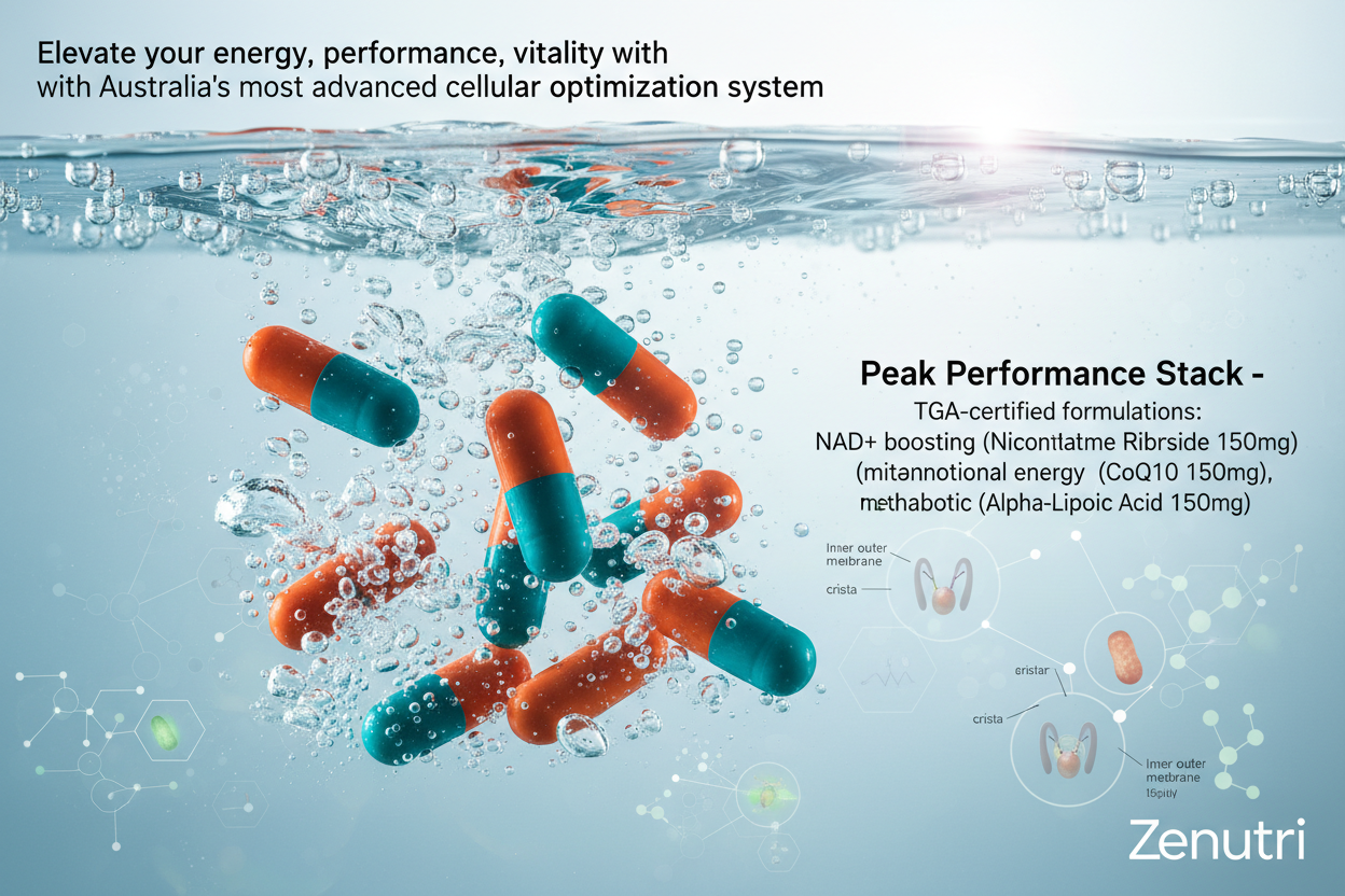 The Zenutri Peak Performance Stack delivers pharmaceutical-grade mitochondrial support through four synergistic TGA-certified formulations: NAD+ boosting technology (Nicotinamide Riboside 150mg), mitochondrial energy (CoQ10 150mg), metabolic enhancement (Alpha-Lipoic Acid 150mg), and essential vitam