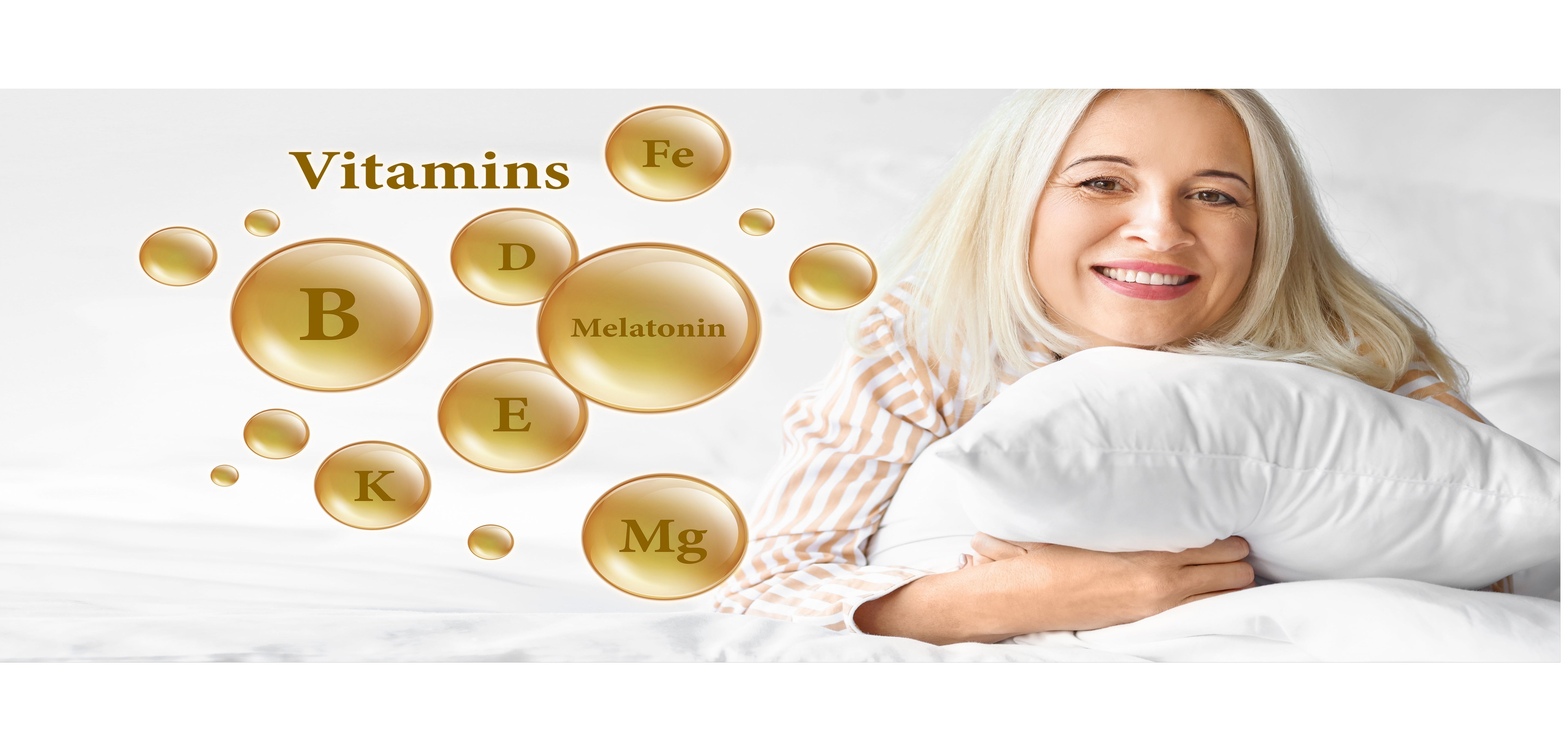 Middle age women hugging a pillow and vitamins symbols in gold circles