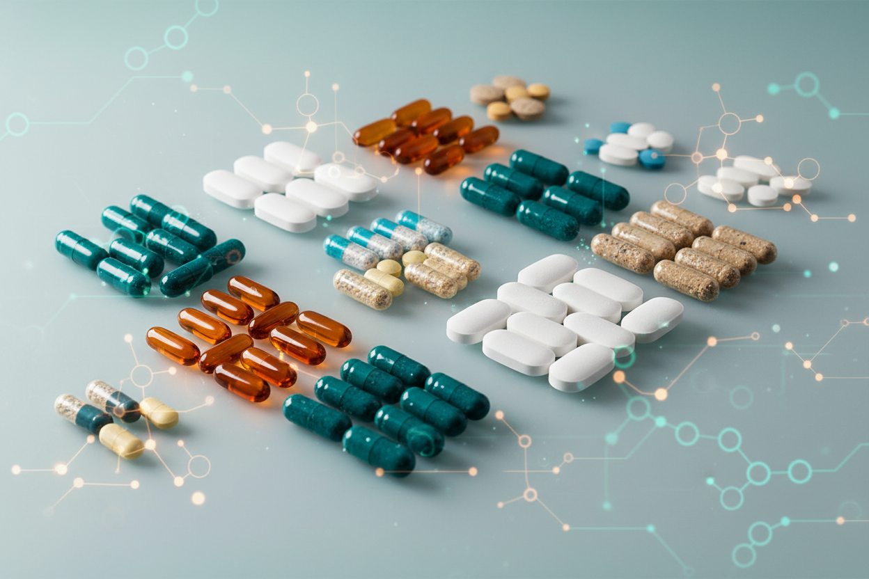 premium, science-limage for Zenutri personalised vitamin brand, focused exclusively on capsules and pills, with no bottles or packaging.
Capsules and tablets are arranged in precise, modular groupings that visually communicate personalised vitamin bundles and customised nutrition systems.
Each capsule set differs subtly in colour, size, and composition to represent individualised formulations based on personal health data.
Scientific visual language throughout: molecular structures, nutrient interactions