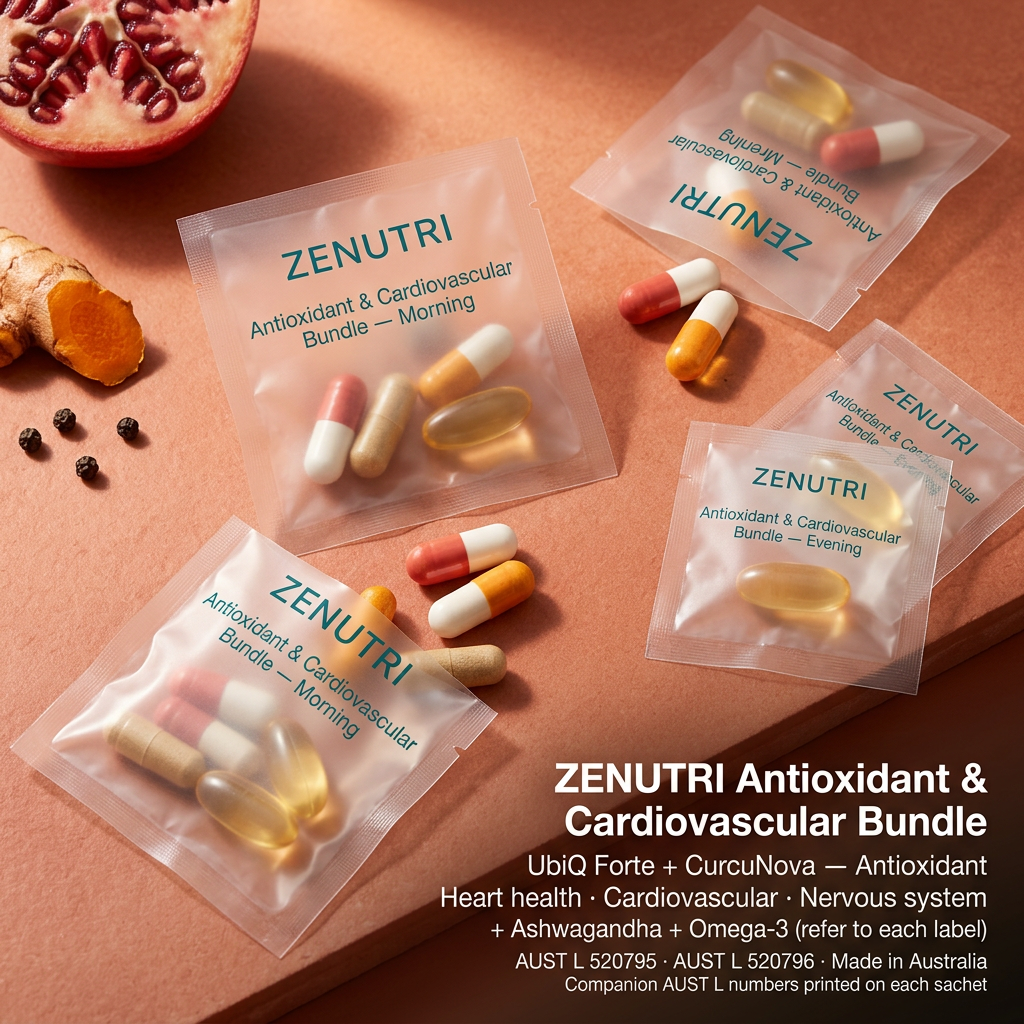 Zenutri Antioxidant & Cardiovascular Bundle — daily sachets — UbiQ Forte and CurcuNova antioxidant, heart health, cardiovascular system health and nervous system function — AUST L 520795, 520796 — Made in Australia