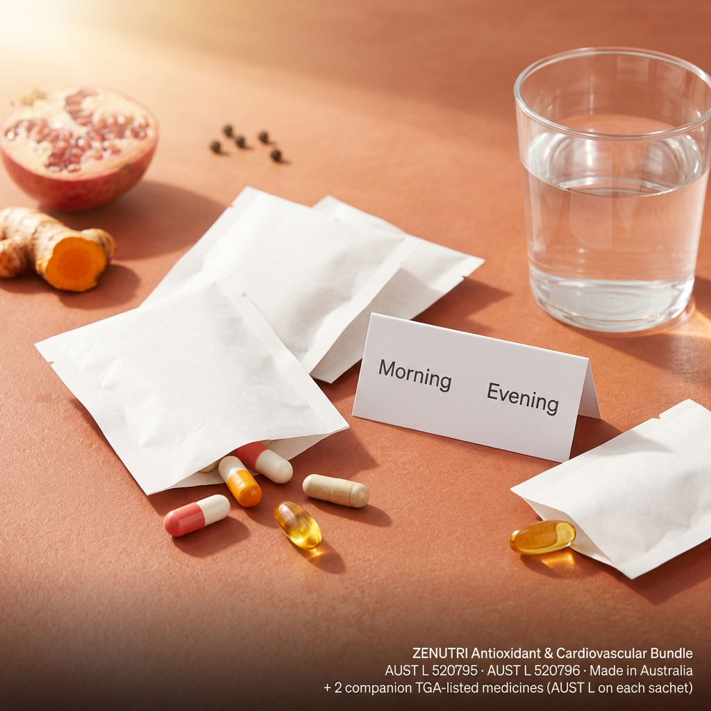 Zenutri Antioxidant & Cardiovascular Bundle — morning and evening daily sachets in a warm antioxidant-forward morning setting — AUST L 520795, 520796 — Made in Australia