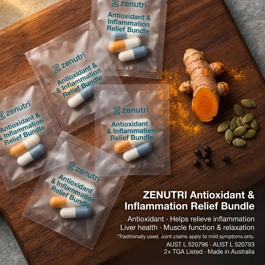 Zenutri Antioxidant & Inflammation Relief Bundle — daily sealed packs — antioxidant, helps relieve inflammation, liver health, muscle function and cardiovascular health support — AUST L 520796, 520793 — Made in Australia
