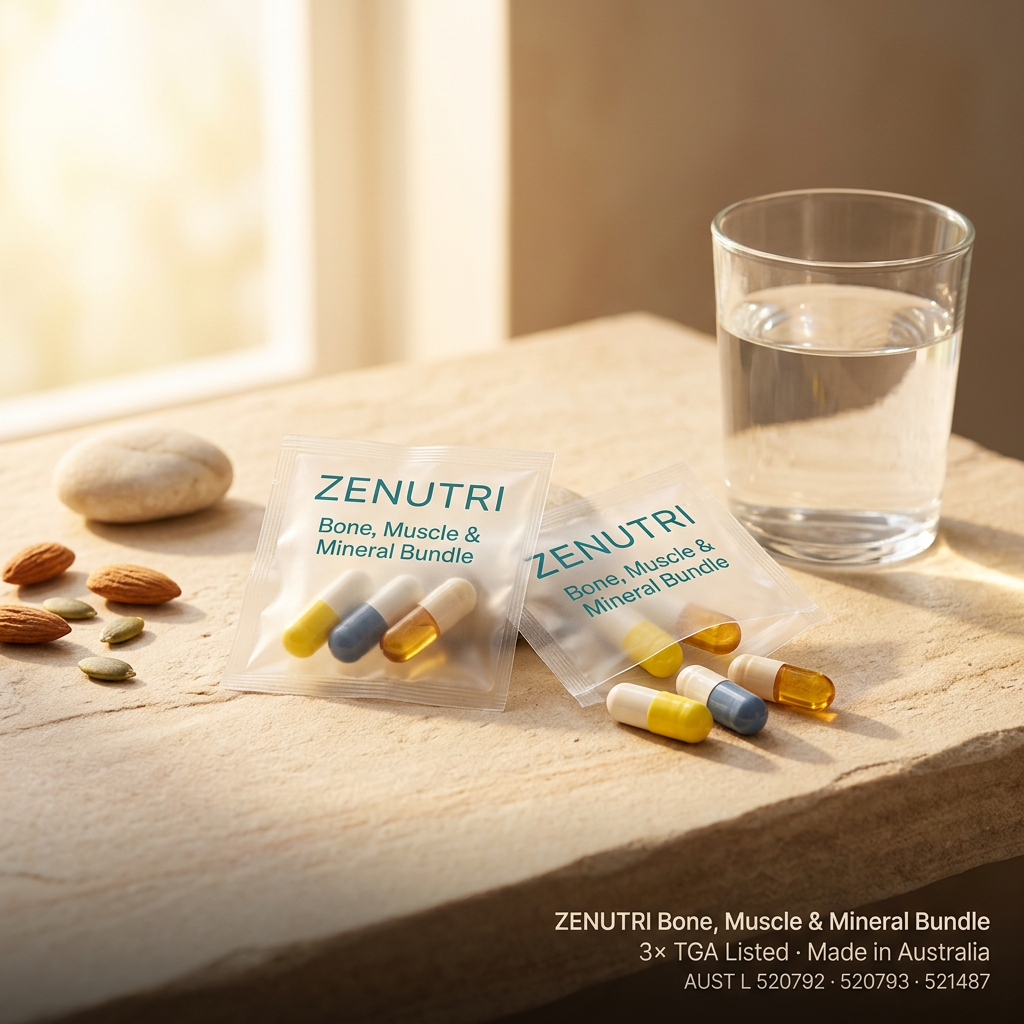 Zenutri Bone, Muscle & Mineral Bundle daily sealed packs in a warm golden morning setting — 3× TGA Listed — Made in Australia