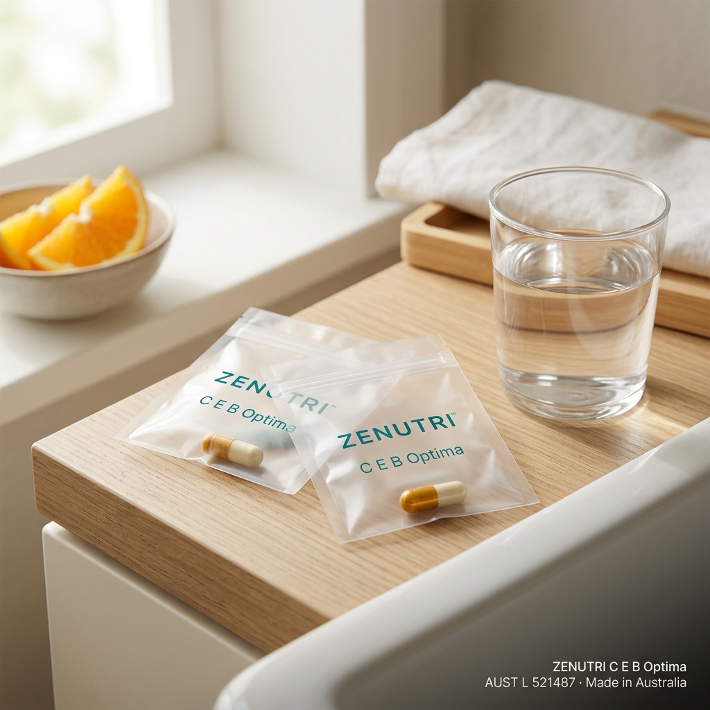 Zenutri C E B Optima daily sealed pack in a morning routine setting — AUST L 521487 — Made in Australia