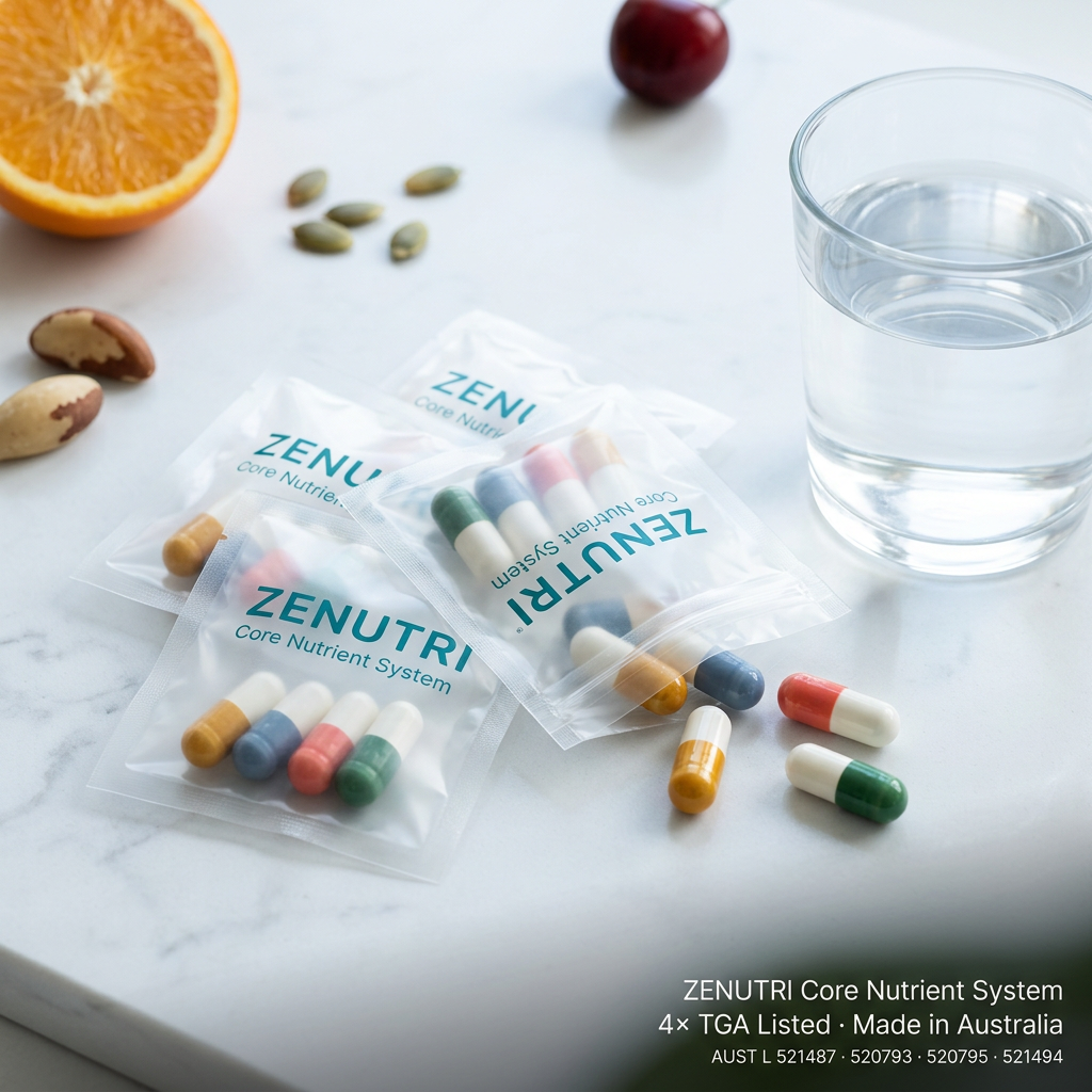 Zenutri Core Nutrient System — four daily sealed packs — antioxidant, energy production, immune system health, muscle function and skin health support — AUST L 521487, 520793, 520795, 521494 — Made in Australia