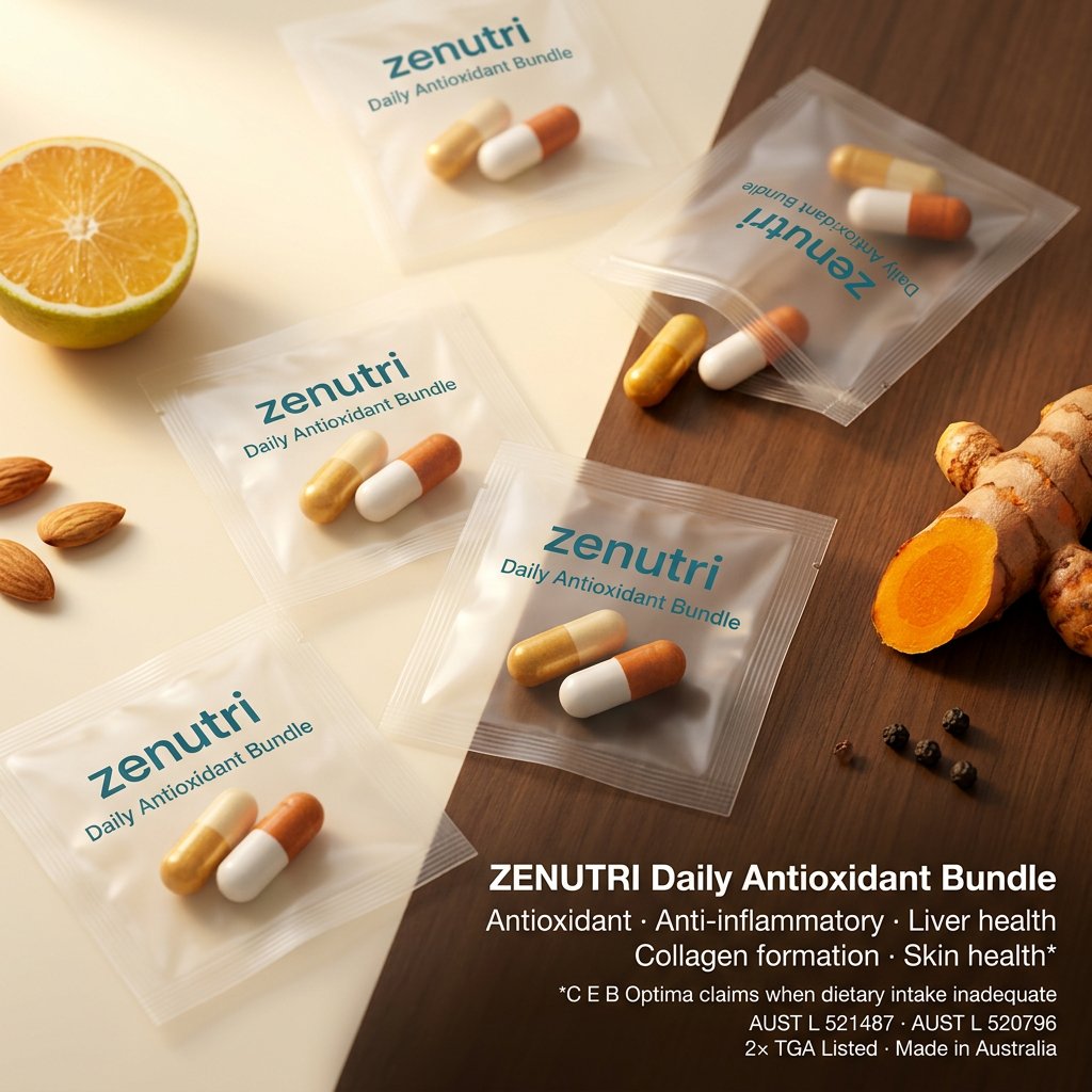 Zenutri Daily Antioxidant Bundle — daily sealed packs — antioxidant, anti-inflammatory, collagen formation, skin health and liver health support — AUST L 521487, 520796 — Made in Australia