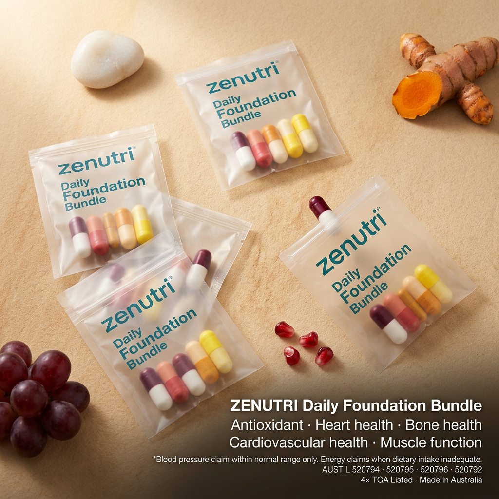 Zenutri Daily Foundation Bundle — four daily sealed packs — antioxidant, heart health, cardiovascular health, bone health, calcium absorption, muscle function and anti-inflammatory support — AUST L 520794, 520795, 520796, 520792 — Made in Australia