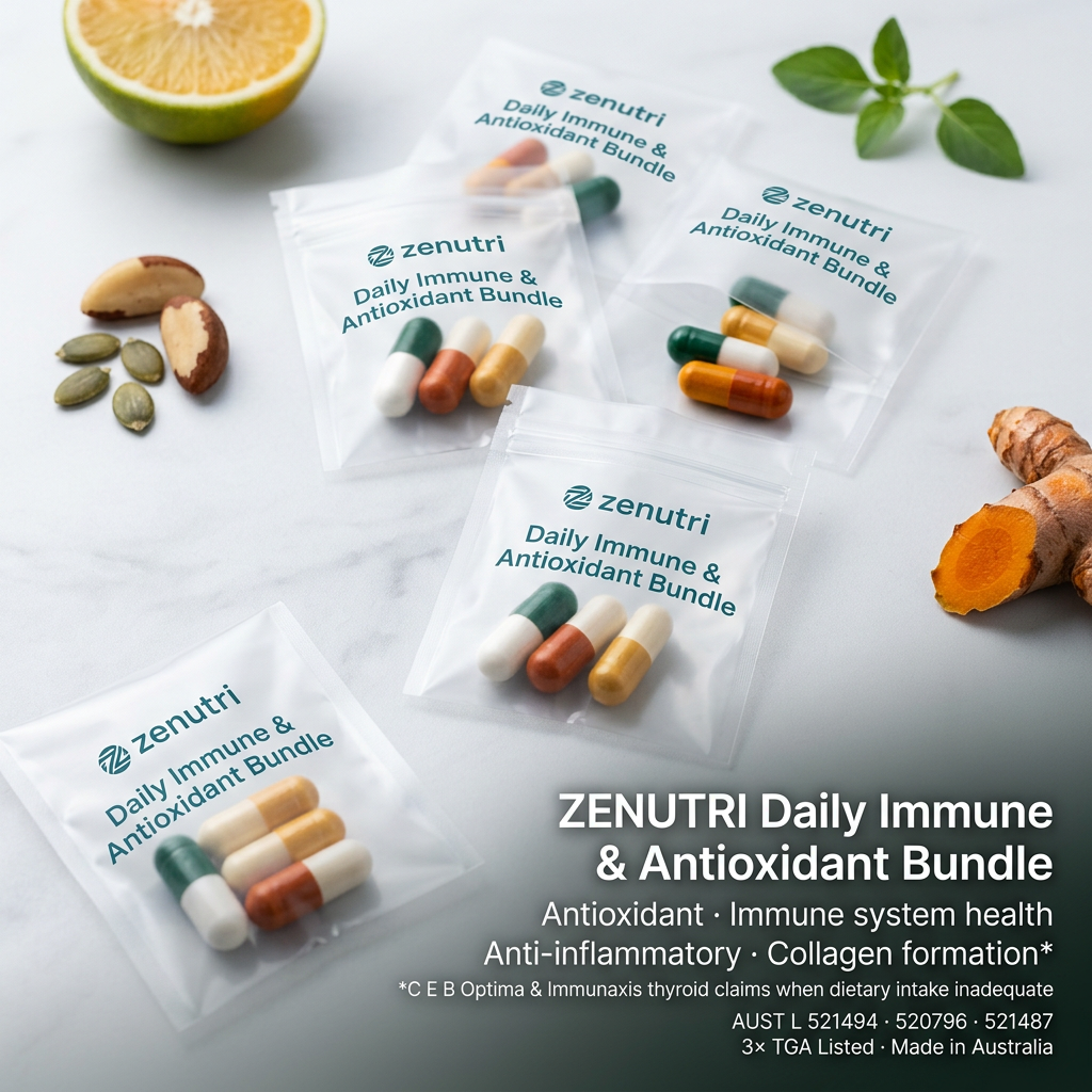 Zenutri Daily Immune & Antioxidant Bundle — daily sealed packs — antioxidant, immune system health, mucous membrane health, anti-inflammatory, liver health and collagen formation support — AUST L 521494, 520796, 521487 — Made in Australia