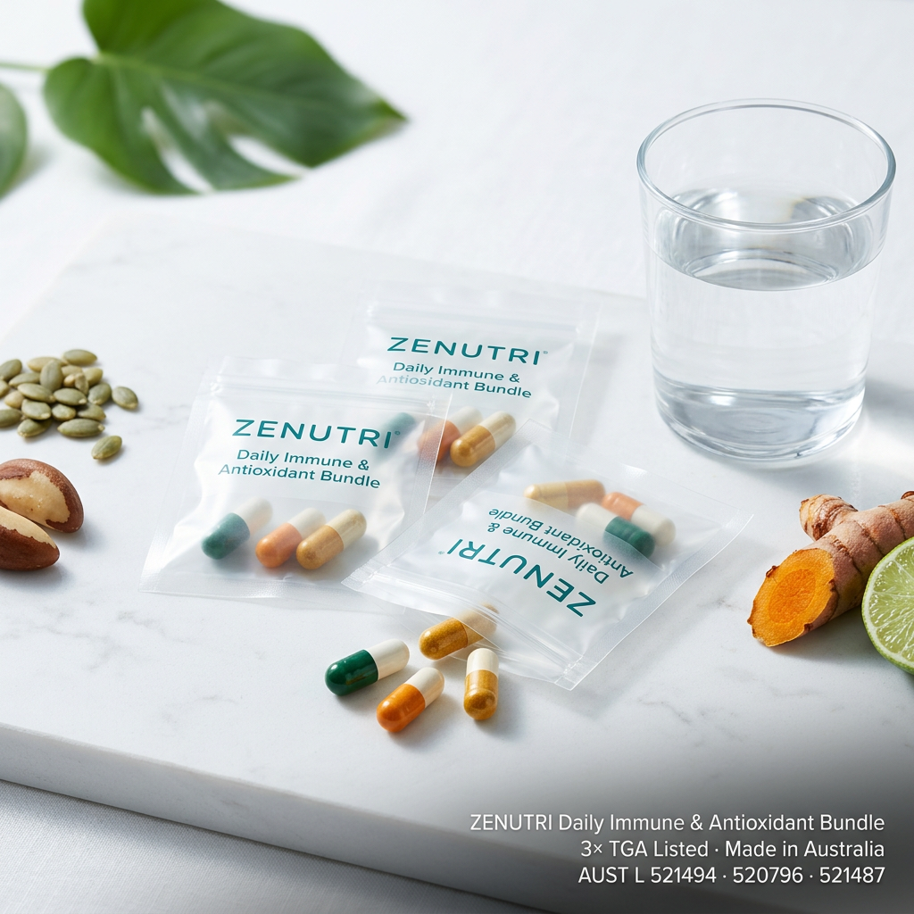 Zenutri Daily Immune & Antioxidant Bundle daily sealed packs in a fresh botanical morning setting — 3× TGA Listed — Made in Australia