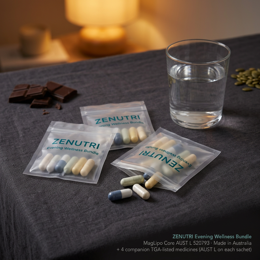 Zenutri Evening Wellness Bundle daily sealed pack in a calm evening setting — AUST L 520793 — Made in Australia
