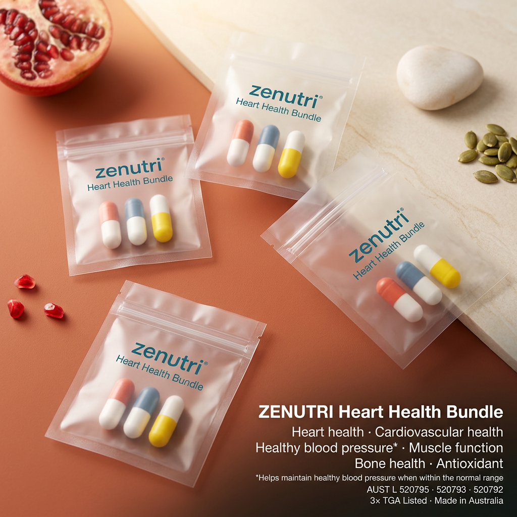Zenutri Heart Health Bundle — daily sealed packs — heart health, cardiovascular system health, healthy blood pressure, antioxidant, muscle function and bone health support — AUST L 520795, 520793, 520792 — Made in Australia