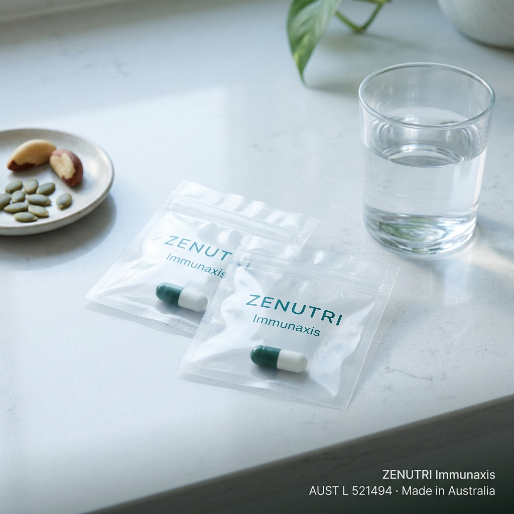 Zenutri Immunaxis daily sealed pack in a morning routine setting — AUST L 521494 — Made in Australia