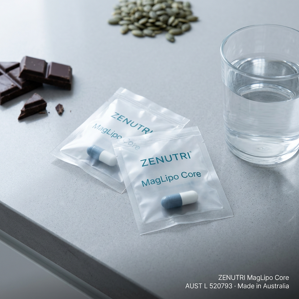 Zenutri MagLipo Core daily sealed pack in a calm morning recovery setting — AUST L 520793 — Made in Australia
