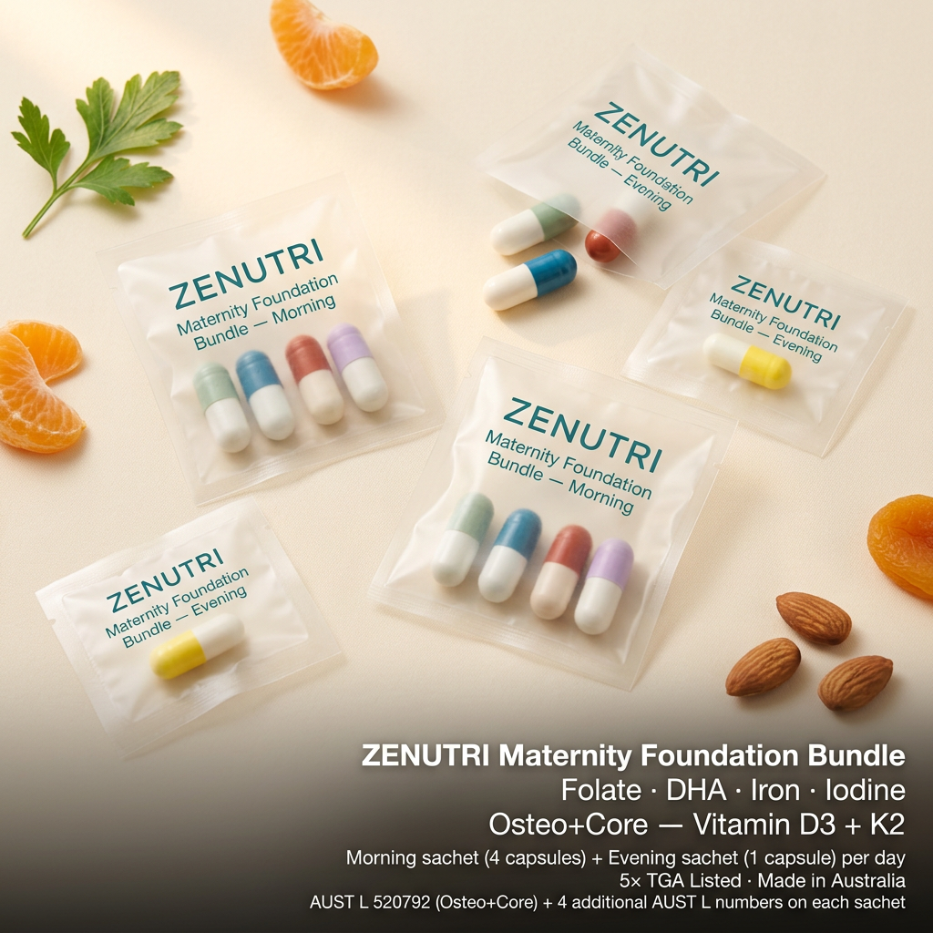 Zenutri Maternity Foundation Bundle — morning and evening daily sealed packs — Folate, DHA, Iron, Iodine and Osteo+Core — 5× TGA Listed — Made in Australia