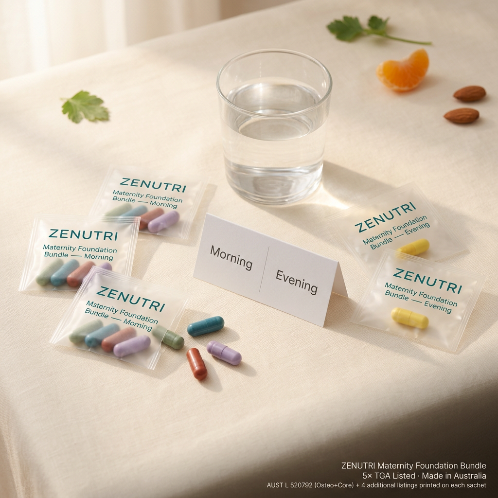 Zenutri Maternity Foundation Bundle — morning and evening daily sealed packs in a calm morning setting — 5× TGA Listed — Made in Australia