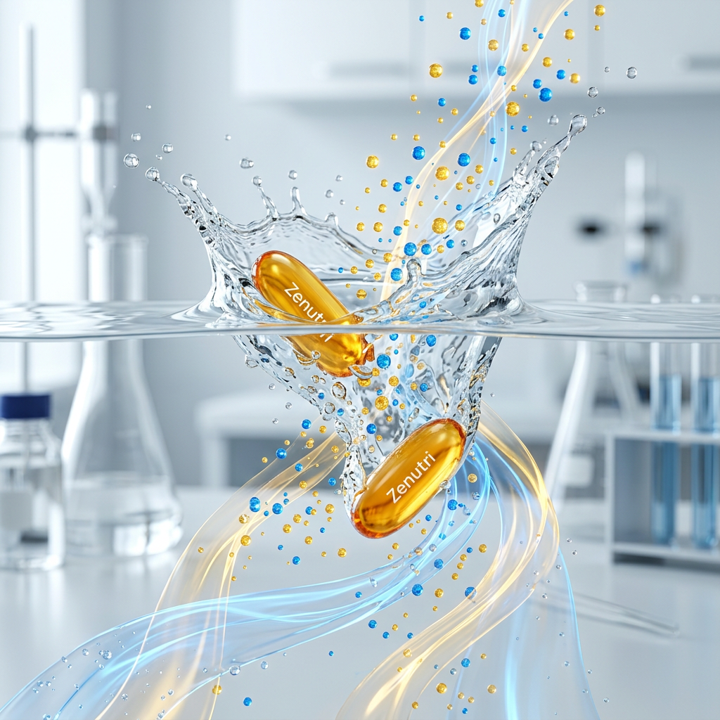 Zenutri Omega 3 capsules releasing EPA and DHA fatty acids for health support — alternate view