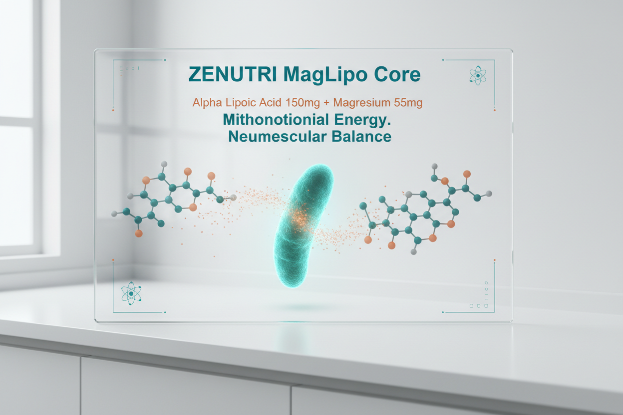 ZENUTRI MagLipo Core supplement packaging with molecular structures on a white surface.