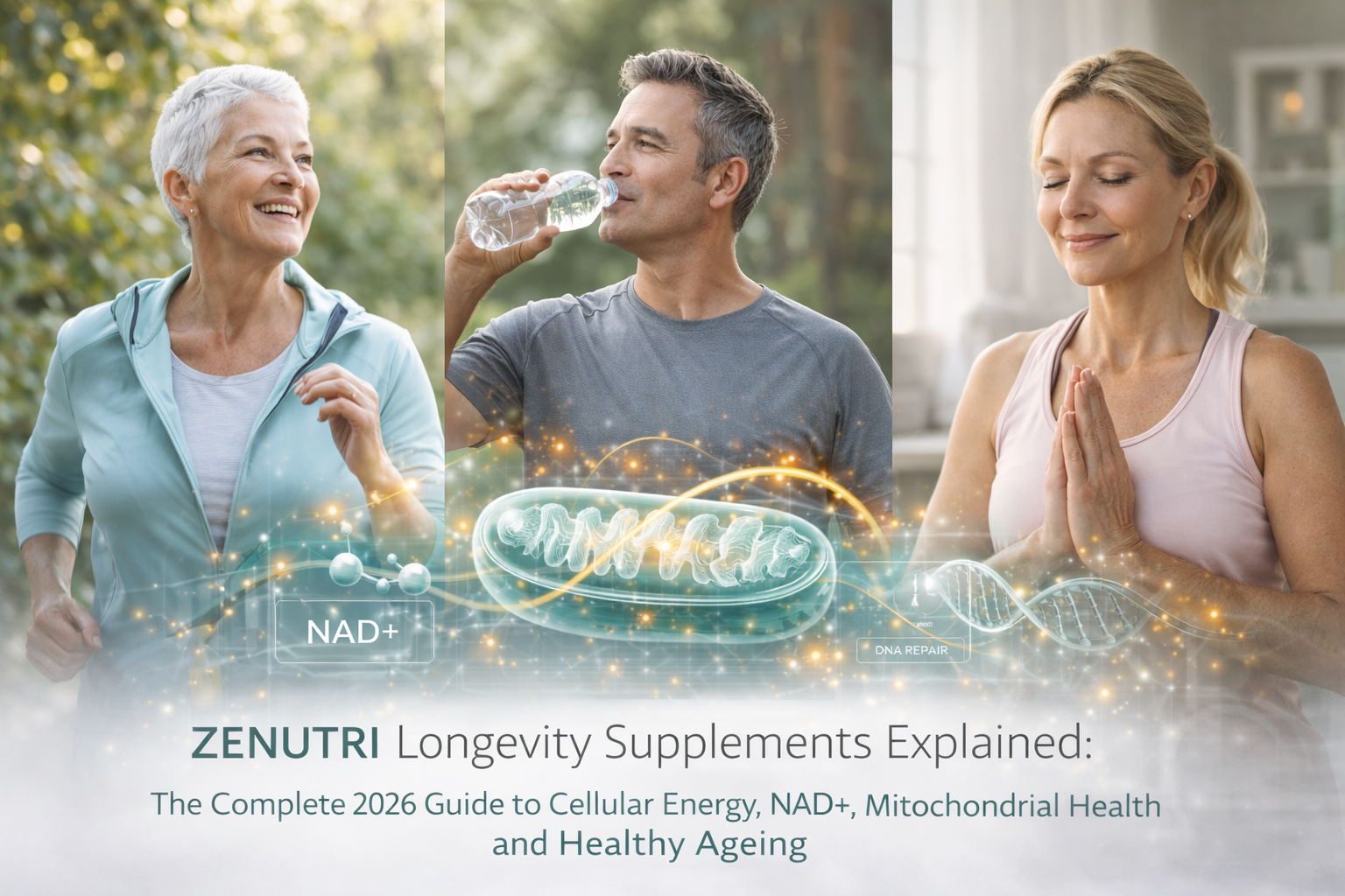 Active healthy adults demonstrating vitality and longevity with scientific visuals of mitochondria, DNA repair and NAD+ pathways explaining how ZENUTRI longevity supplements support cellular energy and healthy ageing.
