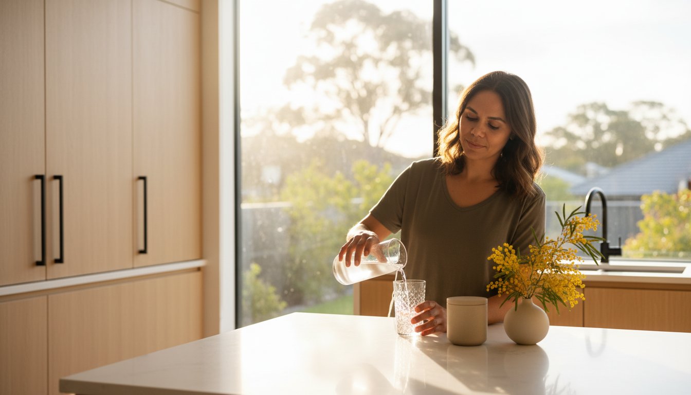 Daily wellness ritual with Zenutri supplement sachet  and morning tea — TGA-listed Australian-made vitamins