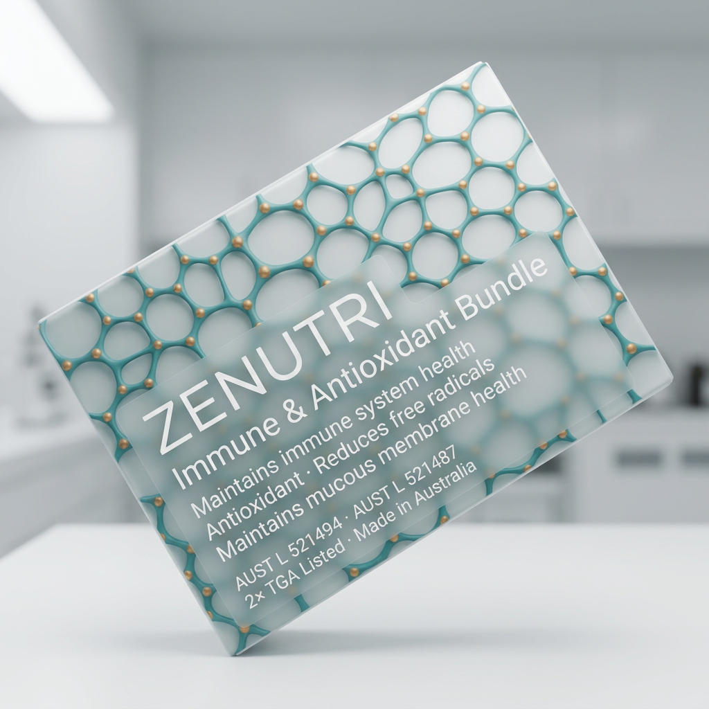 Zenutri Energy Support Bundle benefits panel — 
antioxidant, energy production, heart health, 
muscle function, electrolyte balance, cardiovascular 
health — AUST L 520795, 520793 — Made in Australia