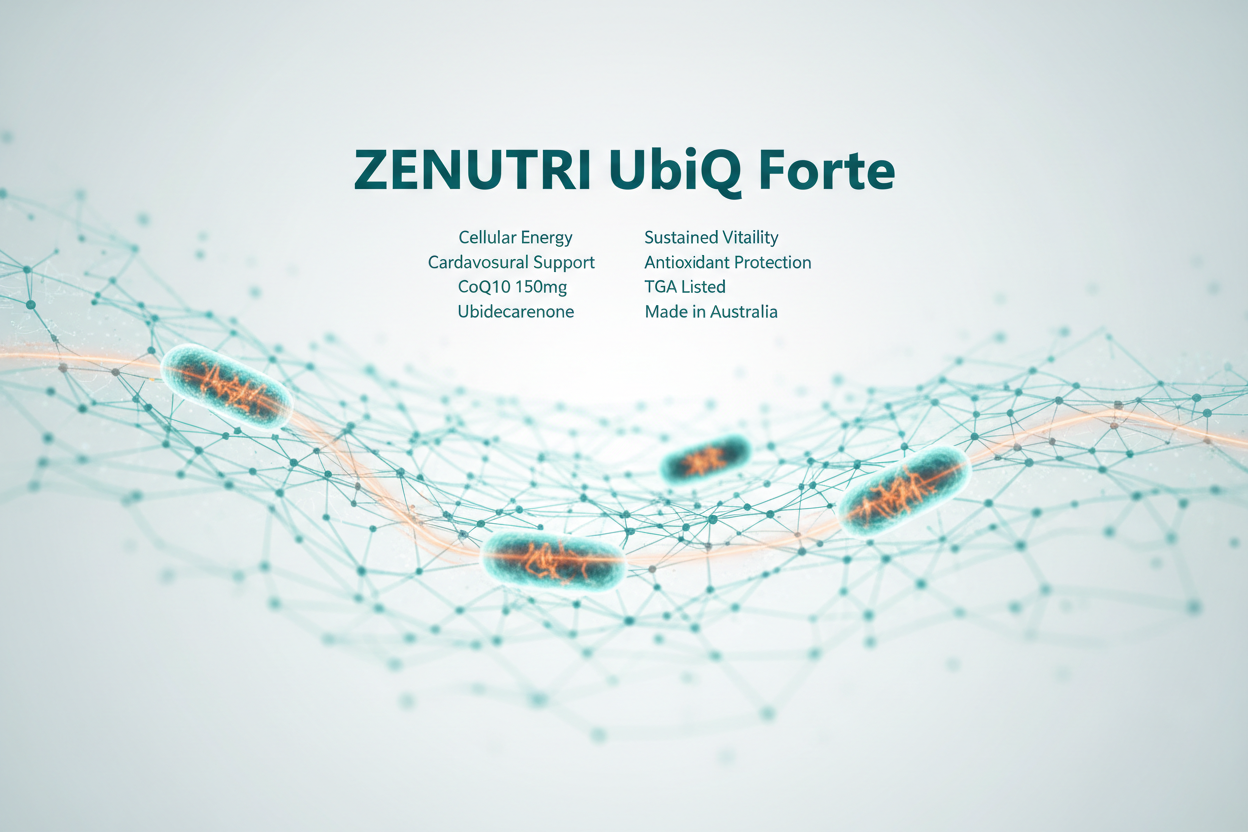 ZENUTRI UbiQ Forte product description on a light gray background with molecular structures.